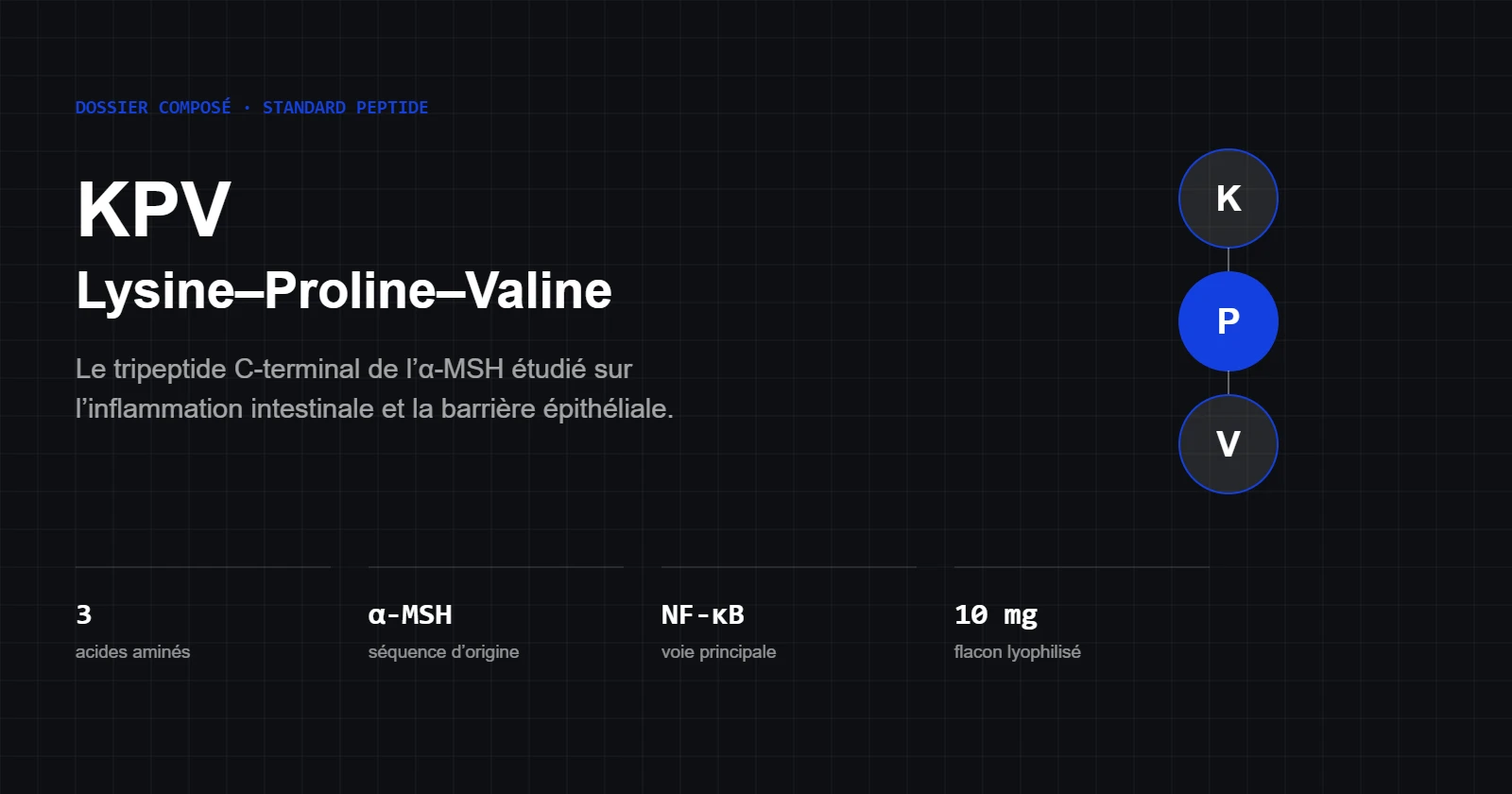 KPV, tripeptide lysine-proline-valine dérivé de l'α-MSH, flacon de recherche 10 mg