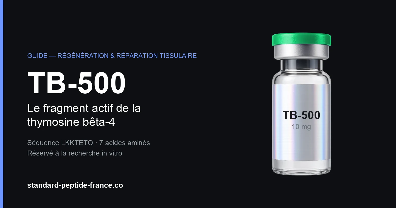 TB-500, fragment actif de la thymosine bêta-4 : séquence LKKTETQ, sept acides aminés, réservé à la recherche in vitro