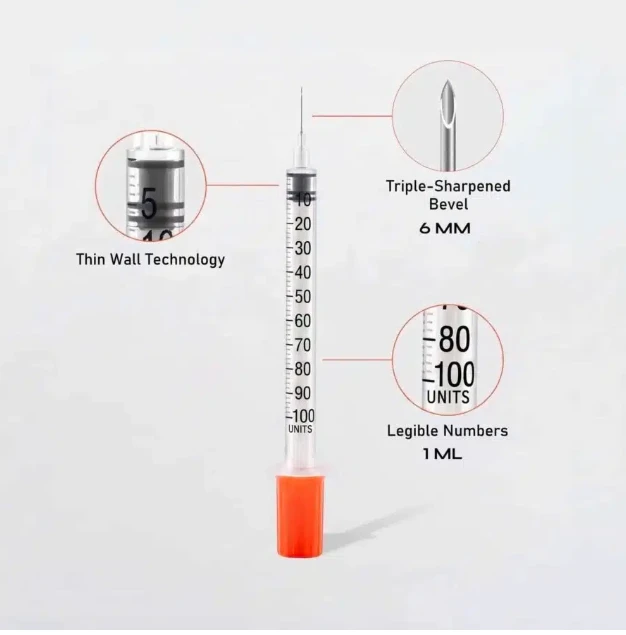Seringue à insuline U-100 1 mL, aiguille 31G × 6 mm, graduée en unités